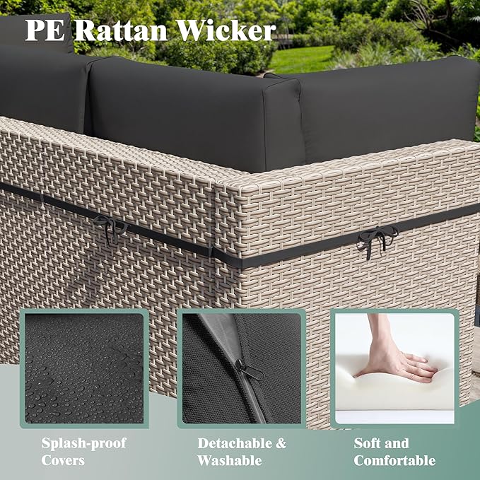 11 Pieces Patio Furniture Set, Outdoor Sectional Wicker Sofa with Thick Cushions and Storage Coffee Table, Rattan Patio Conversation Sets for Deck Garden Poolside, Black