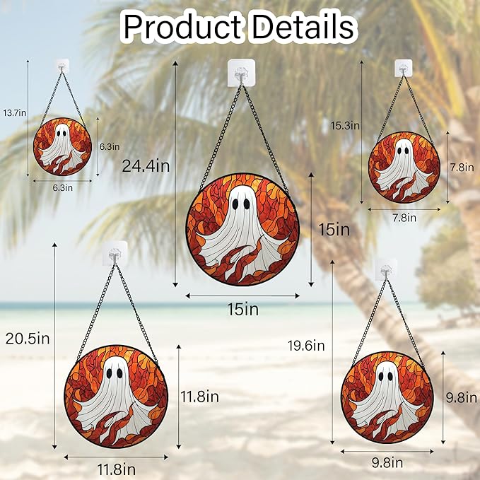 Stained Glass Window Hanging - Halloween Decorations White Ghost Orange Sky Suncatcher for Doors Garden Funny Spooky Sun Catchers Gothic Decor Horror Gifts for Women Men Friend Boy 9.8 in