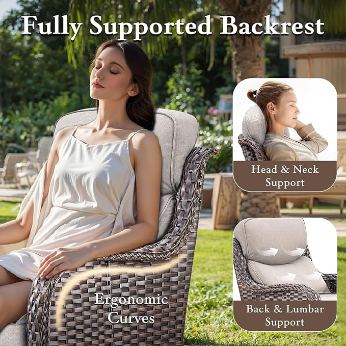 Luxury Outdoor Swivel Rocker Patio Chairs, High Back Swivel Patio Chairs with Side Table & 6-Inch Thick Cushions, Wicker Outdoor Bistro Set for Porch, Yard, Deck, Poolside, Brown/Beige