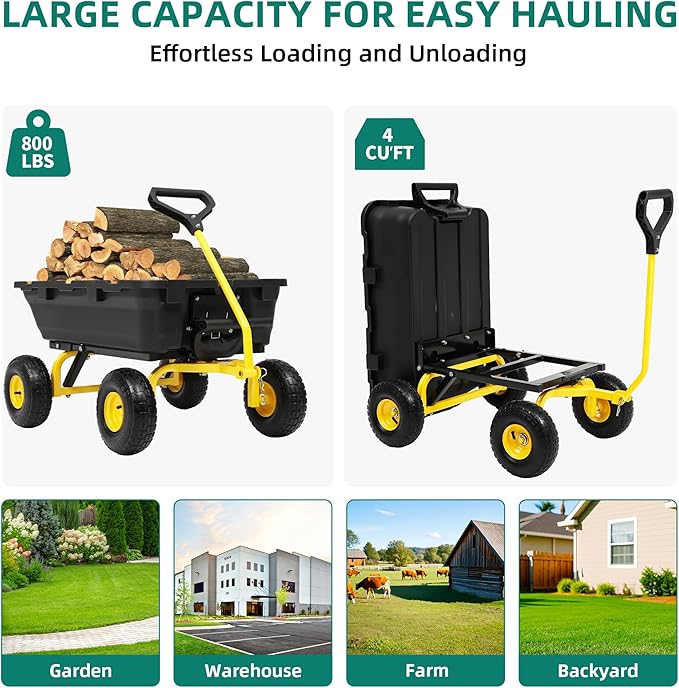 800lb Garden Dump Cart,Utility Wagon Wheelbarrows with Quick-Release System&4 Pneumatic Tires,Heavy Duty Yard Dump Wagon with Steel Frame for Yard,Farm,Garden and Halloween Hauling (Yellow)