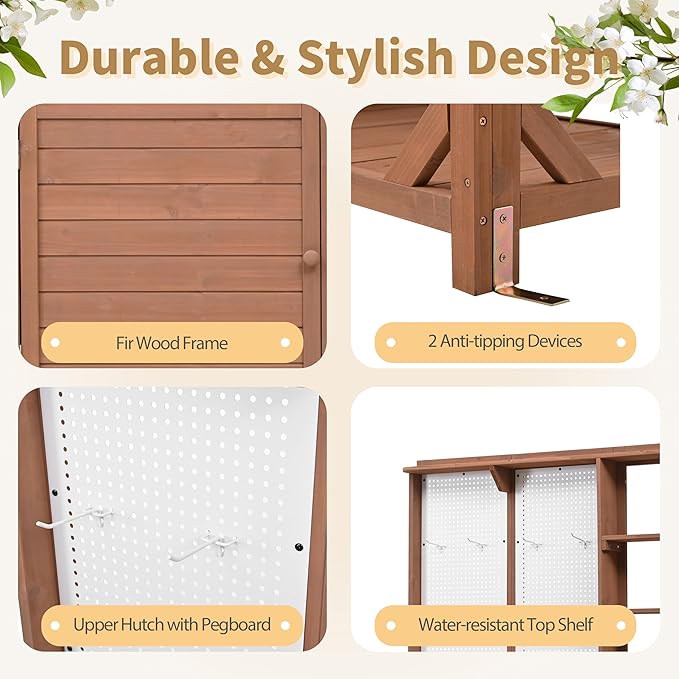 Fir Wood Potting Bench with Hutch - Outdoor Garden Workstation with 4 Shelves, Drawer & Adjustable Storage, 50.2" Countertop, & Pegboard (Brown + Wood + Rustic)