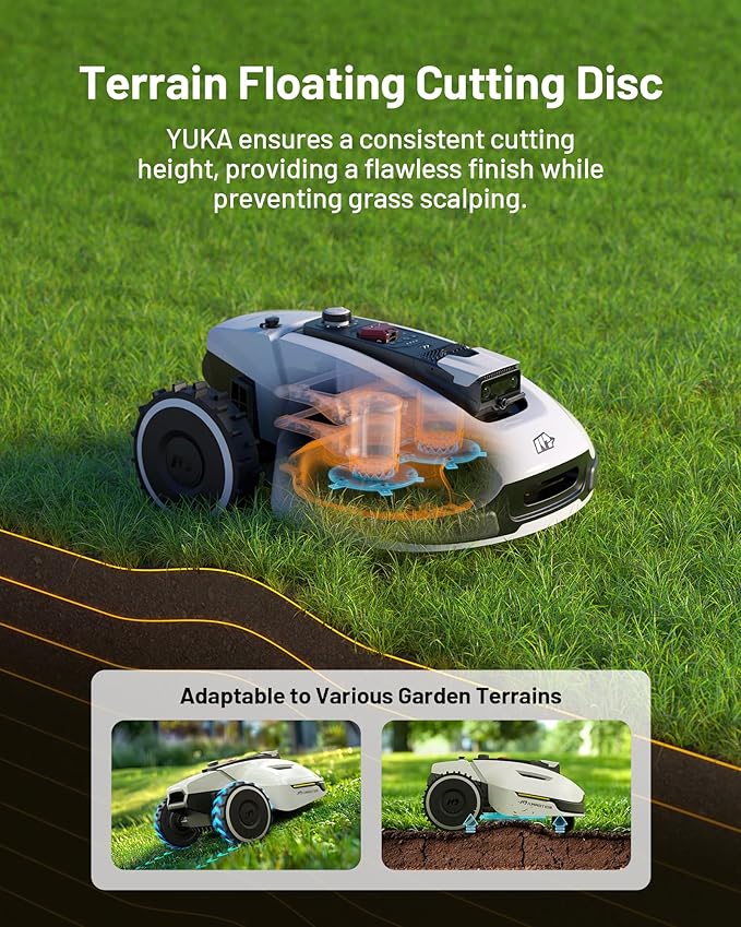 YUKA 3000 Robot Lawn Mower with 4G, Reception 0.75 Acre, Max. 1 Acre,Ultrasense AI Vision & RTK, Auto Mapping,App Control, 45% Slope, Wireless Perimeter, 2 Cutting Discs,30 Mowing Zones