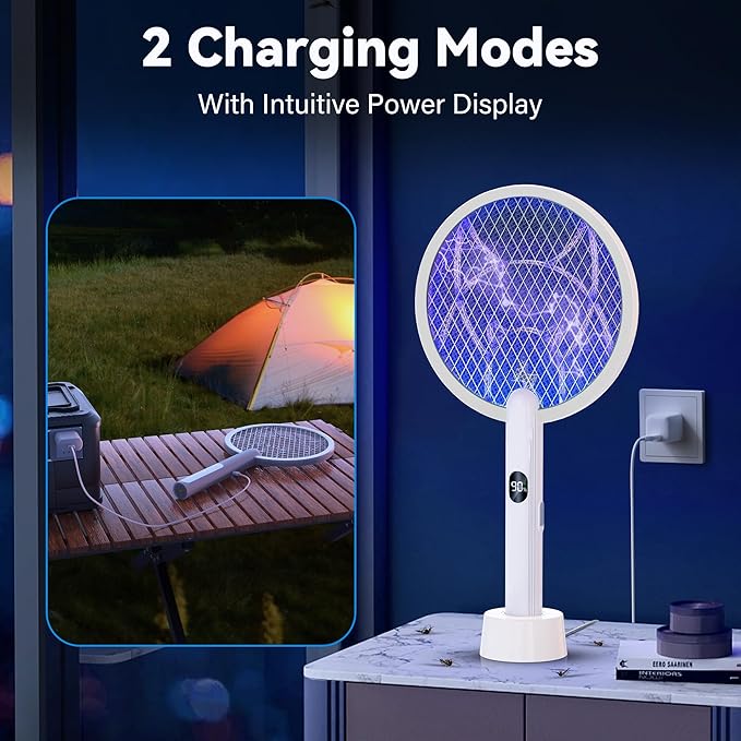 Electric Fly Swatter Racket,2 in 1 Mosquito Bug Zapper 4100V Handheld Mosquito Killer with 1800 mAh Rechargeable Battery, Purple Light and 3-Layer Safety Mesh for Indoor Outdoor Grey Two-Pack