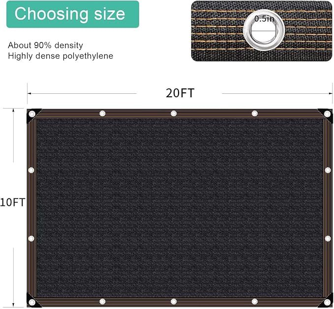 QNLONG Shade Cloth for Garden, 90% Black Shade Net Mesh Tarp with Grommets Sun Shade Cover Tear Resistance for Plants Greenhouse Chicken Coop Vegetables Pergola 10x20FT
