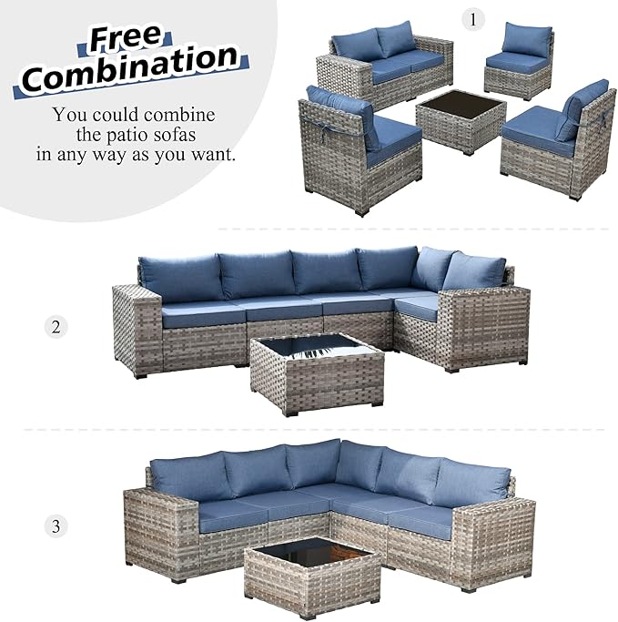 HOOOWOOO 9 Piece Modular Patio Outdoor Sectional Furniture Set with Swivel Rocking Chairs,Wicker Conversation Sofa Set,Outside Couch Set with Wide Arm(Denim Blue)