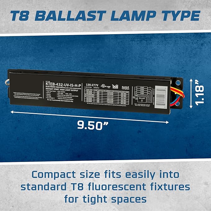 OHLECTRIC Replacement for Keystone KTEB-432-UV-IS-H-P 4 Lamp T8 Electronic Fluorescent Ballast with High Light Output | 120-277V Input with Instant Start Operation | 1.16 Ballast Factor, UL-Approved