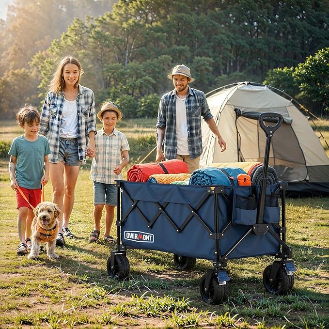 Overmont Ultra-Compact Collapsible Wagon Cart - 200L Portable Folding Wagon with All-Terrain Wheels Utility for Beach, Grocery Shopping, Camping, and Gardening โ 330lbs Load Capacity Blue