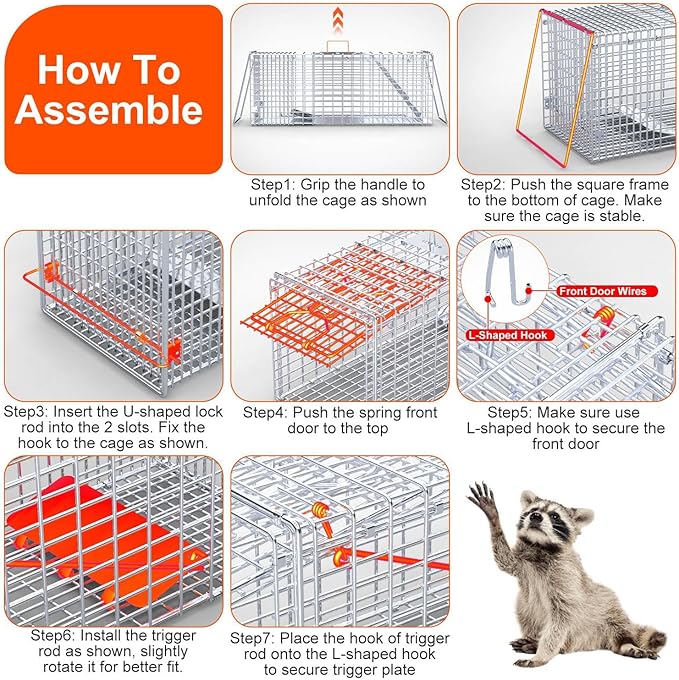 Humane Animal Trap, 37"x14"x15" Foldable Large Live Cage Traps for for Raccoons Beavers Groundhogs Foxes Armadillos and Other Live Animals, Easy to Catch and Release, Work for Indoor Outdoor