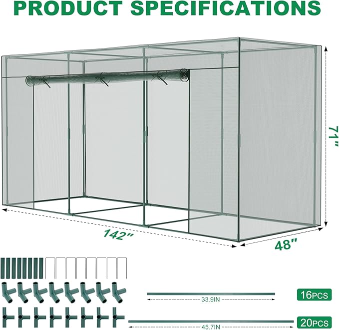 Crop Cages for Garden Plant, 11.8x3.9x6 Ft Plant Protection Tent with Zippered Door, Raised Bed Cover, Garden Bed Cover with Frame, Wind-Resistant Plant Cages for Outdoor Plants Vegetable Flower