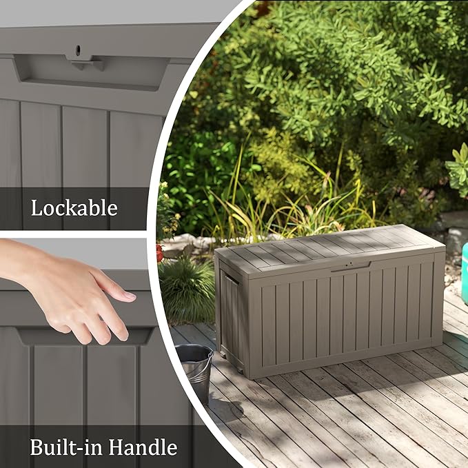 75 Gallon Waterproof Large Resin Deck Box Indoor/Outdoor Lockable Storage Container and Seating for Garden, Pool, and Patio (75 Gallon, Grey)
