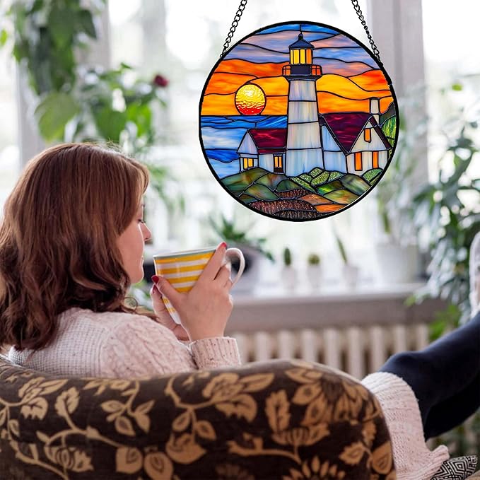 Stained Glass Window Hanging - Sea Lighthouse Suncatcher for Door Terrace Garden Home Decor Sunset Beach Scenery Sun Catcher Birthday Gifts for Lovers Women Men Dad Mom Nana 15 in