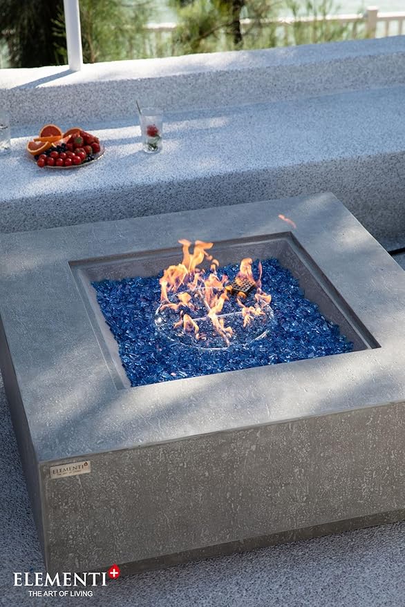 Elementi+ | Victoria Gas Fire Pit Cast Concrete 40" Square Fire Table, Outdoor Fire Pit Electronic Ignition | Canvas Cover, Fire Glass and Burner Lid Included | Light Gray | Natural Gas
