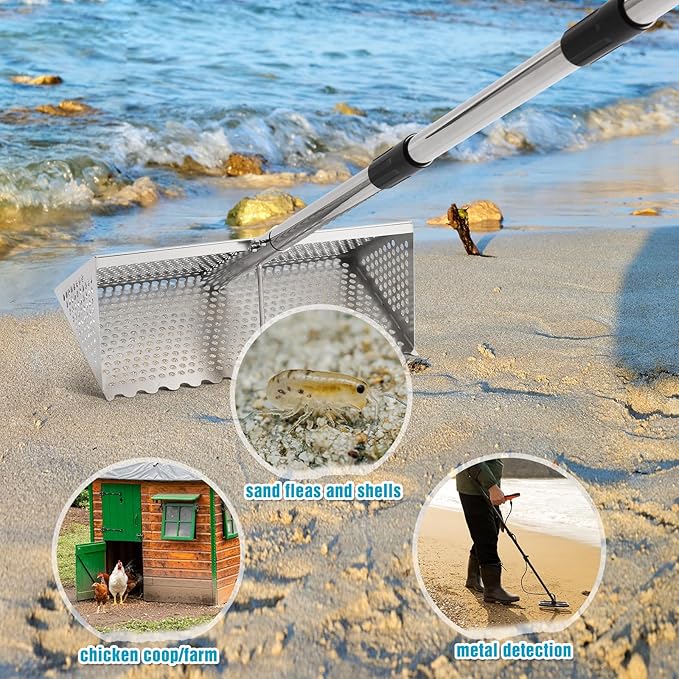 Sand Flea Rake, Stainless Steel Sand Sifter, Shark Tooth Sifter with A 16-Inch Wide Drain Screen for Finding Fleas,Shells and Shark Teeth