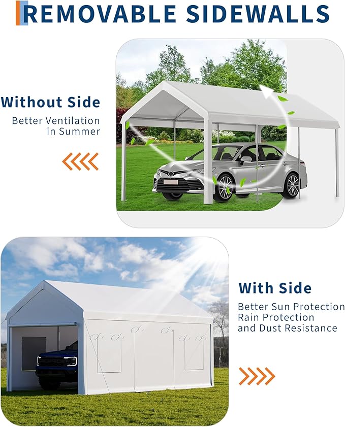 Garvee 10x20 Carport Canopy, Heavy Duty Car Port with Waterproof Tarp, Roll-Up Windows & Doors, Outdoor Portable Garage with Removable Sidewalls, for Car, Boat, Truck, Motorcycle, White