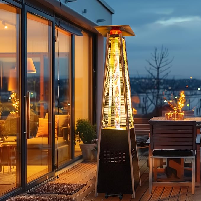 48,000 BTU Flame Pyramid Pool Heater, Triple Safety Protection with Patio Cover, Warm Glass Tube Portable Heater with Durable Wheels - Gray