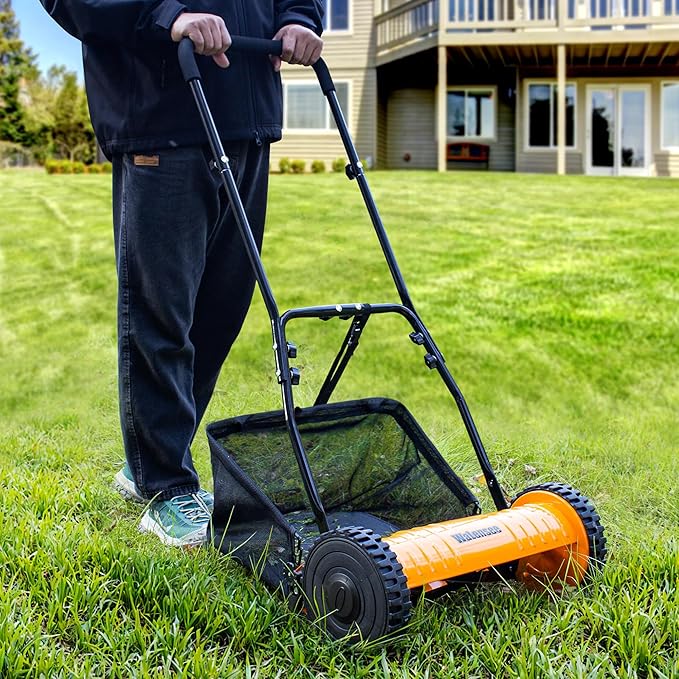 Walensee 16-Inch 5-Blade Push Reel Lawn Mower, Cordless Manual Reel Lawn Mower Walk-Behind Steel Lawn Mowers with Removable 7.9-Gallon Grass Catcher, Sponge Grip, 4-Position Cutting Height Adjustment