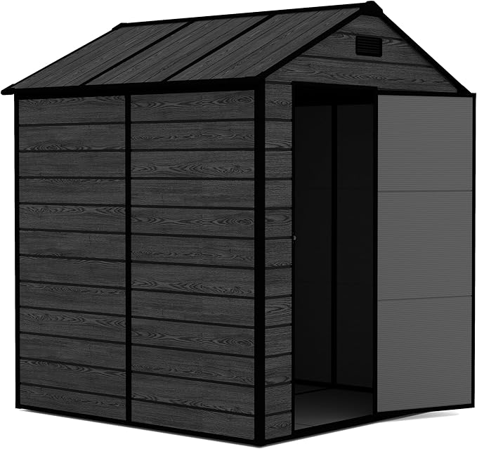 Outdoor Storage Shed 6x6 FT, Resin Shed with Floor, Waterproof Plastic Garden Bike Shed with Lockable Door, Sloped Roof, Vents & Windows, Tool Shed for Patio, Backyard, Lawn (Wood Grain Black, 6X6ft)