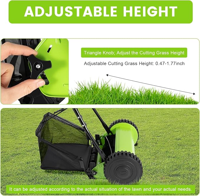 12In Manual Lawn Mower with 6-Gal Grass Catcher 5 Manganese Steel Blades Adjustable Height Rust-Proof Push Reel Lawn Mower for Gardens, Yards, Parks