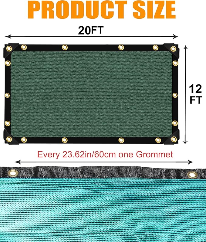 e.share 70% Shade Cloth for Garden, 12 Ft X 20 Ft Sun Shades Outdoor Patio with Grommets for Plant Covers,Porch Screen,Pergola Shade Cover,Greenhouse,Green