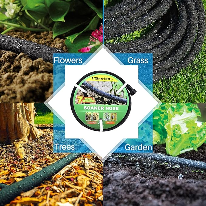 Taisia 1/2’’ Soaker Hose 15 FT Water Drip Garden Hose Drip Irrigation Hose Saves 70%Water Heavy Duty Rubber Round Soaker Hose for Garden, Lawn