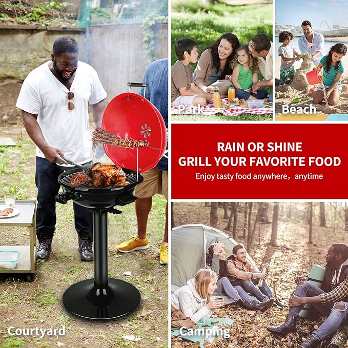 Electric BBQ Grill Techwood 15-Serving Indoor/Outdoor Electric Grill for Indoor & Outdoor Use, Double Layer Design, Portable Removable Stand Grill, 1600W (Stand Red BBQ Grills)