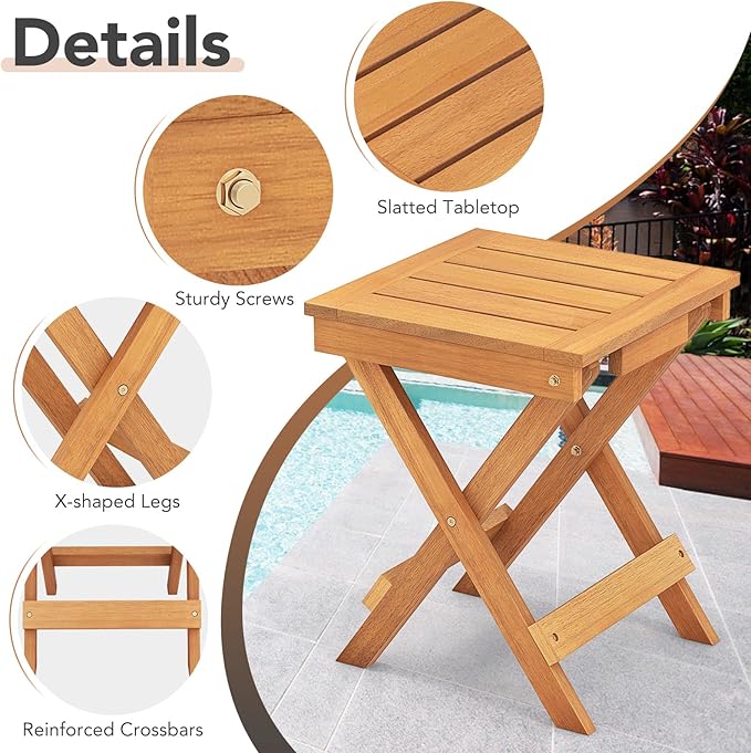 Tangkula Outdoor Folding Side Table, Wood Patio Bistro Table with Slatted Tabletop & X-Shaped Legs, Portable Square Coffee Table for Garden, Poolside, Camping, Picnic, 14" x 14" x 18" (1, 14 inches)