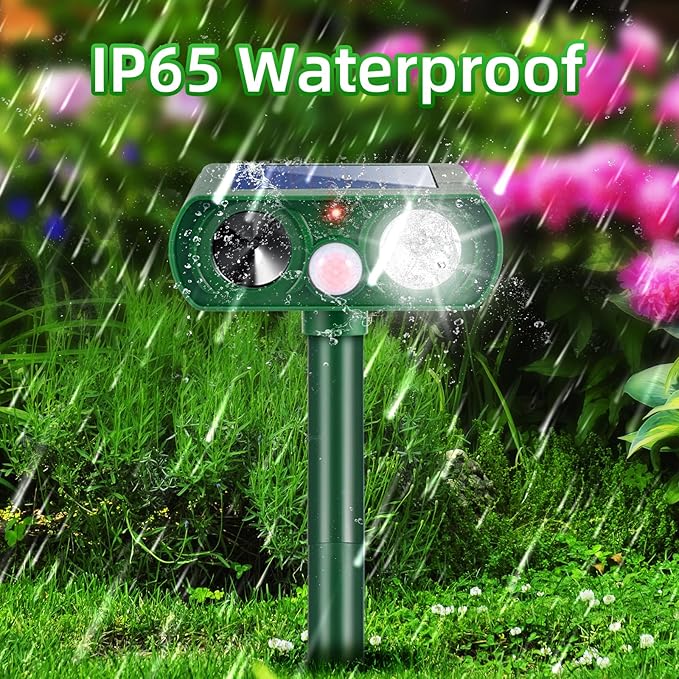 4 Pack Squirrel Fortress Pro Solar Animal Repellent Ultrasonic Outdoor, Deer Repellent Devices with Motion Sensor & Flash Lights, Waterproof Raccoon Cat Dog Skunk Rabbit Deterrent for Yard Farm