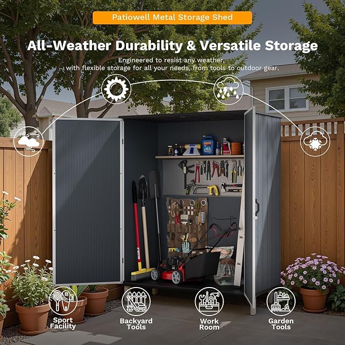 Patiowell Outdoor Storage Shed 5x3 FT, Plastic Garden Organizer Cabinet with Lockable Doors & Strong Roof for Patio Furniture, Pool Accessories, Lawn Tools, Dark Grey