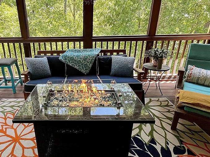 44in Outdoor Propane Gas Fire Pit Table, 50,000 BTU Auto-Ignition Gas Firepit with Glass Wind Guard, Marble Tile Tabletop, Mixed Color Glass Rocks, Brown PE Rattanā¦