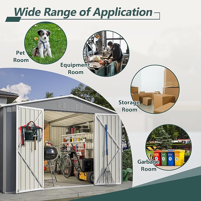 10X8 FT Outdoor Storage Shed, All Weather Metal Sheds with Lockable Doors, Tool Shed for Garden, Patio, Backyard, Lawn (Grey, 10x10ft)