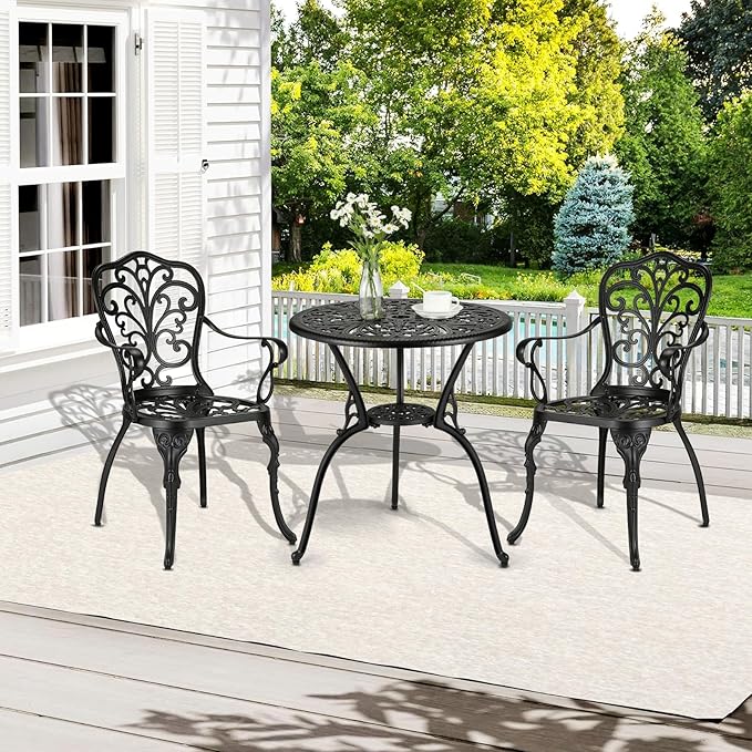 3 Piece Bistro Set, Outdoor Bistro Table and Chairs Set of 2, Rust-Resistant Cast Aluminum All Weather Patio Outdoor Bistro Set with Umbrella Hole for Backyard, Balcony, Front Porch, Black