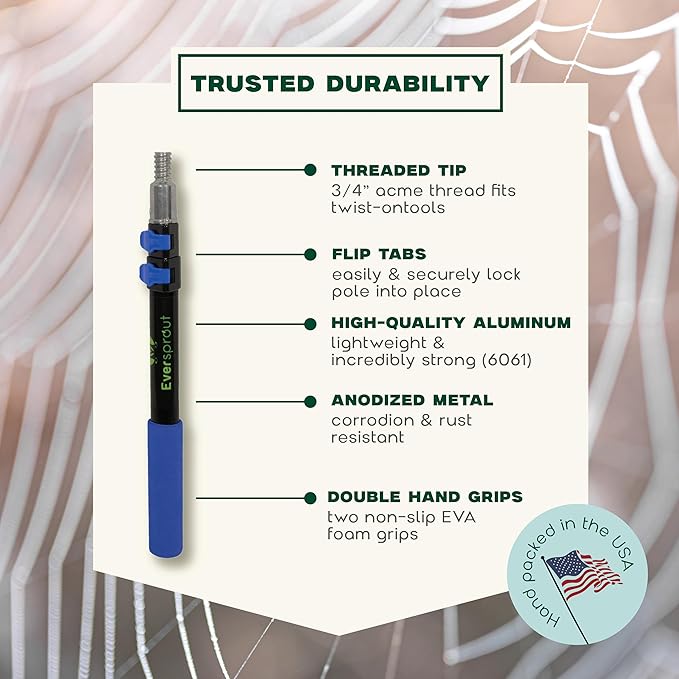 EVERSPROUT 1.5-to-3 Foot Cobweb Duster and Extension-Pole Combo (8-10 Ft Standing Reach, Soft Bristles) | Hand Packaged | Lightweight, 3-Stage Aluminum Pole | Indoor & Outdoor Use Brush Attachment
