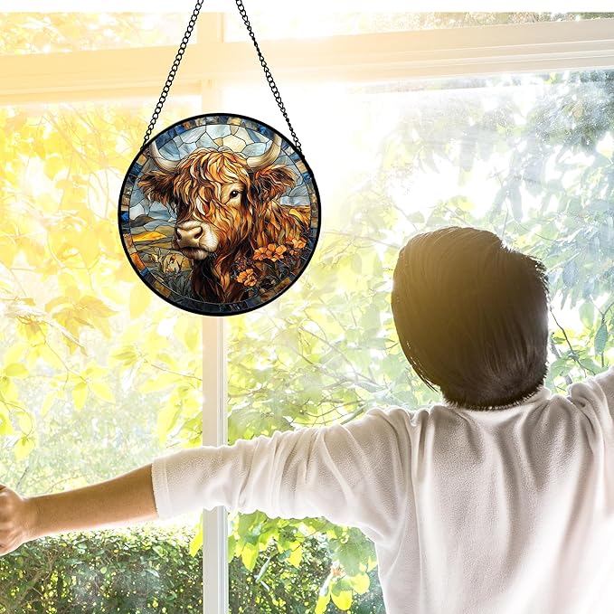 Stained Glass Window Hanging - Funny Cow Flower Suncatcher Ready to Hang Window Doors Home Decoration and Christmas, Mother's Day Birthday Gifts for Women, Men, and Mom 11.8x11.8 in