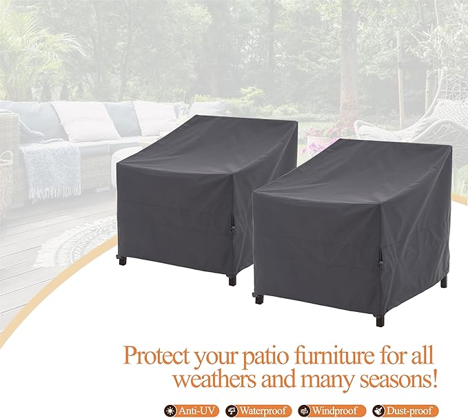 Patio Chair Cover, Outdoor Lounge Cover, Heavy Duty, Waterproof Lawn Patio Chair Covers, 33W x 35D x 36H, Grey, 2-Pack