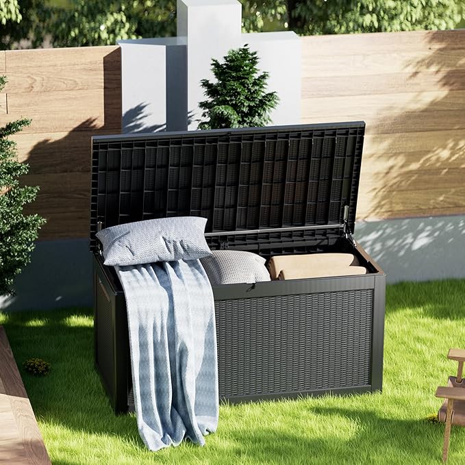 320 Gallon Waterproof Large Resin Deck Box Indoor/Outdoor Lockable Storage Container and Seating for Garden, Pool, and Patio (320 Gallon, Black)