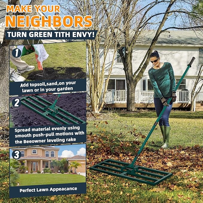Lawn Leveling Rake Heavy Duty Stainless Steel Lawn Leveling Tool 30”x10” with 78” Adjustable Long Handle Leveling Rake for Soil,Ground,Backyard,Golf Field,Garden Tools Grass Seed Landscaping