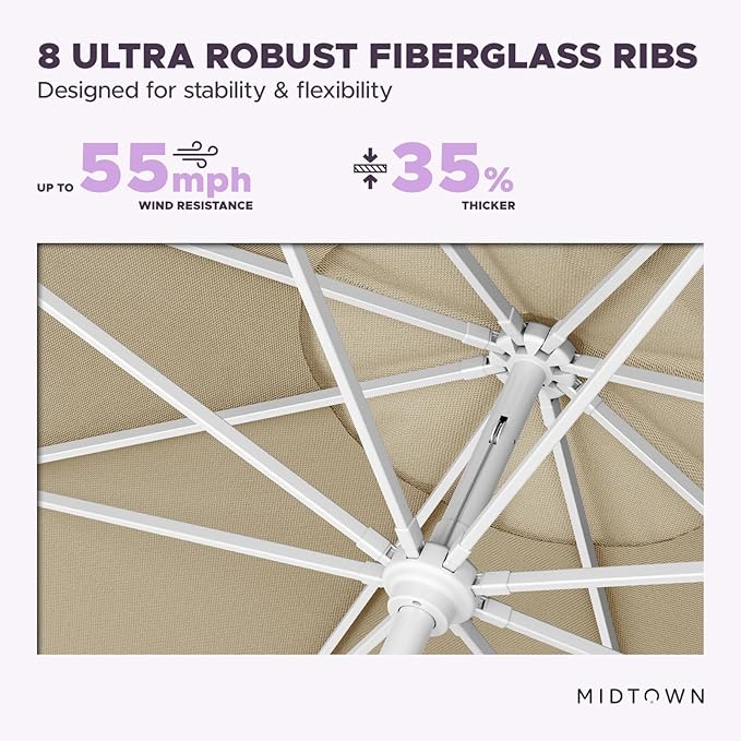 Midtown Umbrellas The Swilt 9 Feet Patio Umbrella in Terylast Chestnut (Beige) Polyester Fabric - Fiberglass Ribs, Auto-Tilt Aluminum Frame For Backyard, Deck, Garden, Pool - White Pole