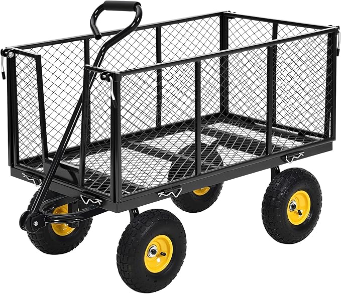 Heavy Duty Steel Garden Cart, 1100LBS Pullable Metal Garden Wagon with 10" Wheels, 180° Rotating Handle and Removable Sides for Outdoor, Farm, Yard, Beach 
