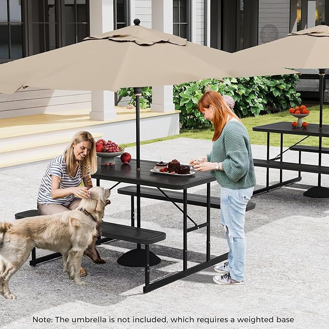 Giantex Picnic Table Bench Set for 4 People, 4.5FT Outdoor Rectangular Dining Table & 2 Benches w/Umbrella Hole, HDPE Tabletop, Metal Frame, Patio Garden Backyard Poolside (4.5FT,Non-Foldable,Black)