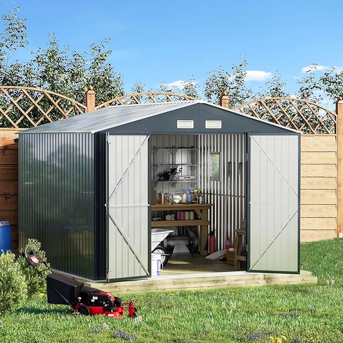 Breezz Outdoor Storage Shed 10 x 10 ft. Utility Tool Shed Metal Storage Garden Shed with Lockable Doors, Windows & Metal Frame Floor for Patio Storage,Nightblue