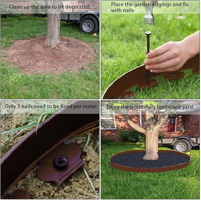 49FT Landscape Edging, 4 in Tall Garden Edging Borders with 75 Spikes,Flexible Lawn Edging Plastic Borders for Garden, Flower Beds, Pavement-Brown