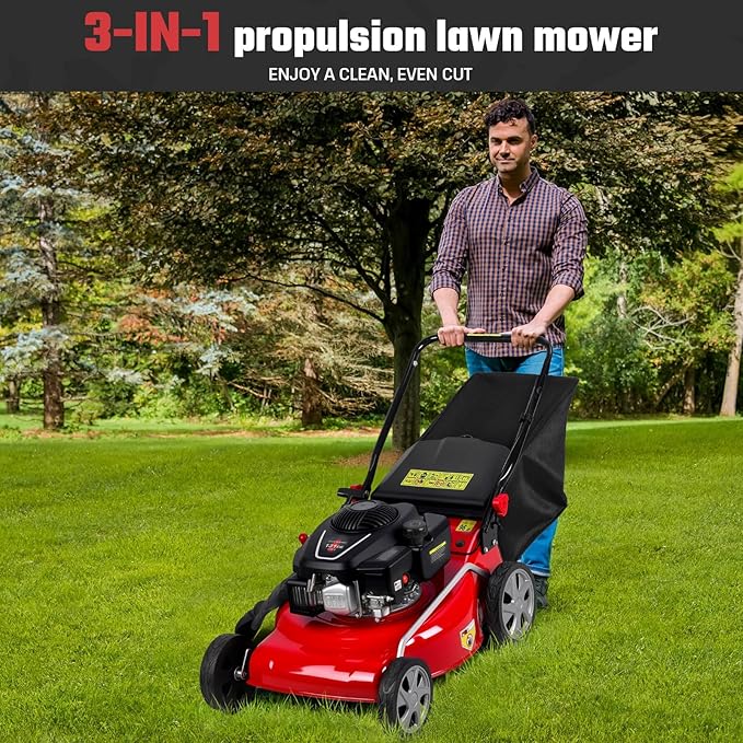 Gas Lawn Mower 131cc 4-Cycle, 3-in-1 Push Lawn Mower with 50L Grass Bag, Adjustable Cutting Height, Low Noise & Fuel-Efficient Design for Lawn, Yard and Garden Care