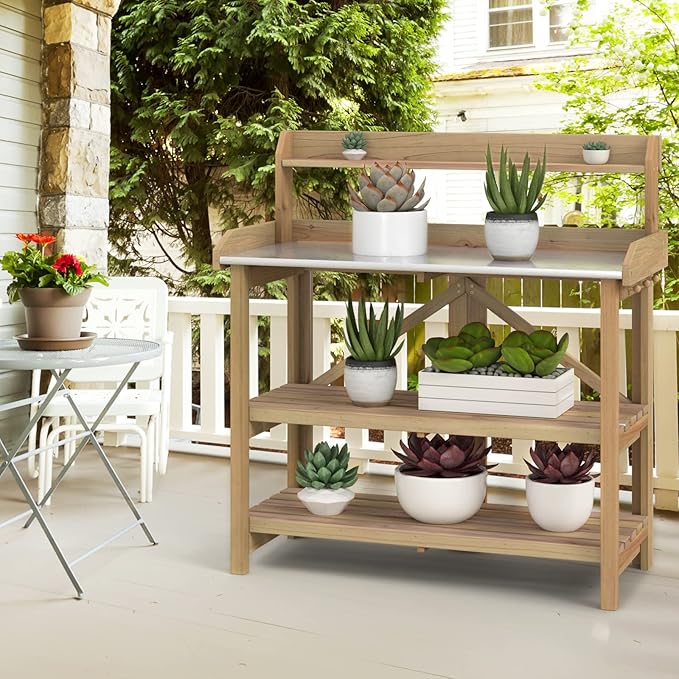 S AFSTAR Garden Potting Bench, Gardening Work Station Table with 2 Storage Shelves, Fir Wood Structure and Metal Tabletop, Gardening Table Potting Benches for Outside Backyard Balcony