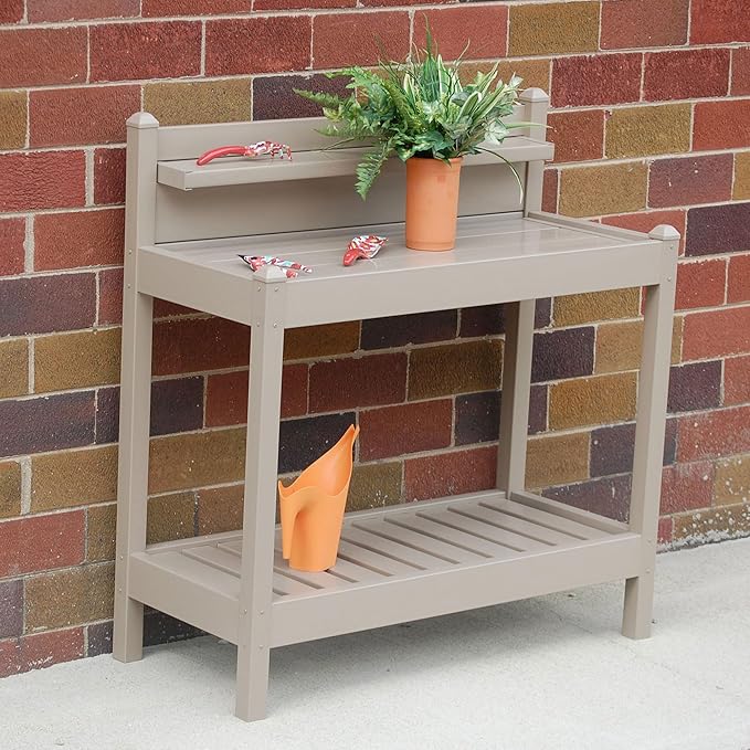 Dura-Trel Greenfield PVC Vinyl Indoor Outdoor Table Potting Bench Station with Shelf for Plant Accessories & Gardening Supplies Storage, Mocha