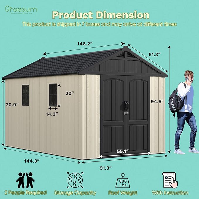 Greesum 8x12 FT Plastic Outdoor Storage Shed with Floor, Resin Sheds with Window and Lockable Door, Weather Resistant Organization for Garden, Patio, Pool Supplies, Beige