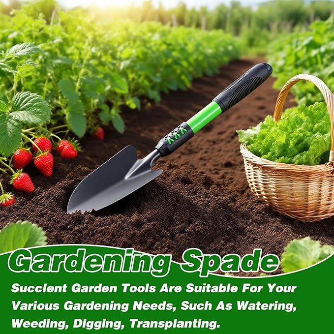 Garden Tools Set, 3 Pack Heavy Duty Gardening Tools Set Include Garden Shovel, Transplant Trowel and Hand Rake with Ergonomic Handle, Aluminum Alloy Lawn for Planting, Green
