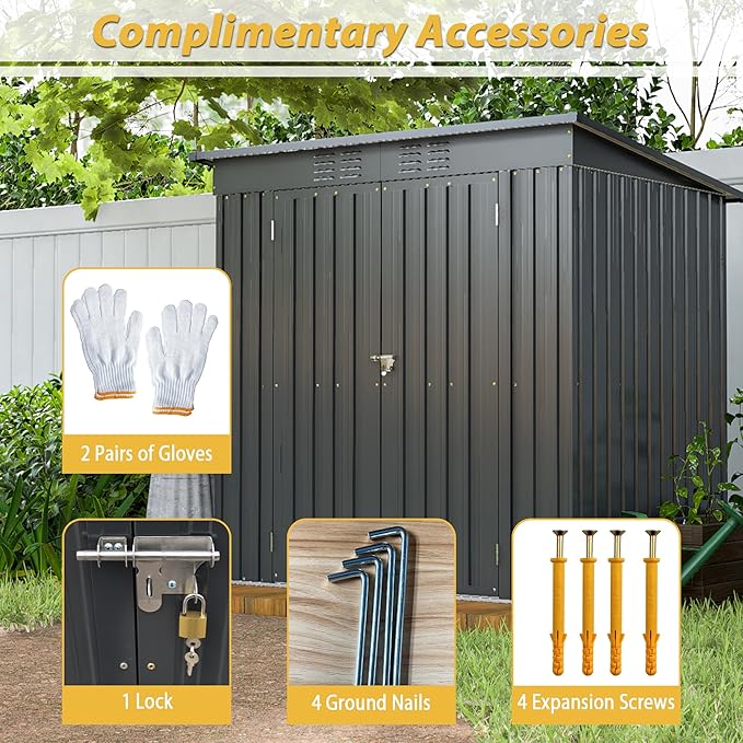 10X8 FT Outdoor Storage Shed, All Weather Metal Sheds with Lockable Doors, Tool Shed for Garden, Patio, Backyard, Lawn (Black with Floor Frame, 6x4 ft)