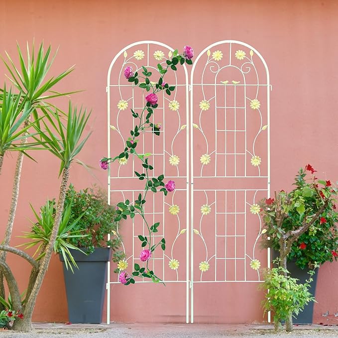2 Pack Metal Garden Trellis for Climbing Plant Rose Stand, Cream White Outdoor 71'' Tall Flower Support Iron Garden Fence, (Cream White, 2pack)