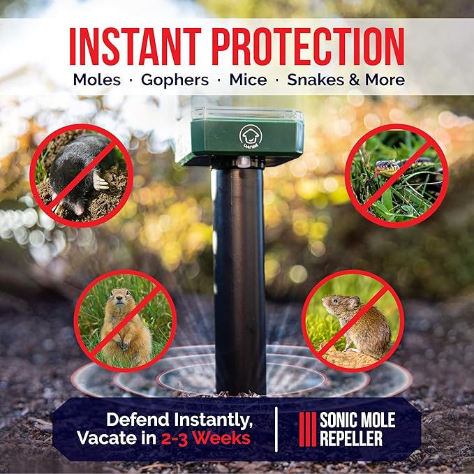 Livin' Well Solar Sonic Pest Repeller Stakes - 4pk Outdoor Pest Repellent with 5,000 Feet Range, Solar Powered Animal Control, Rodent Repellent and Deterrent for Mole, Vole, Gopher