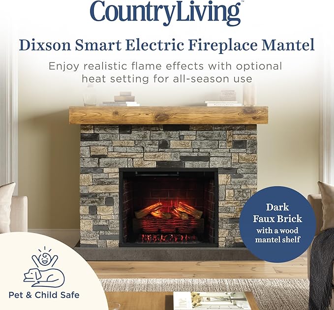Country Living - Dixson Fireplace Mantel Package, 28β Fireplace Insert, Stone Brick Mantel Surround, Alexa/WiFi Enabled, 1500W